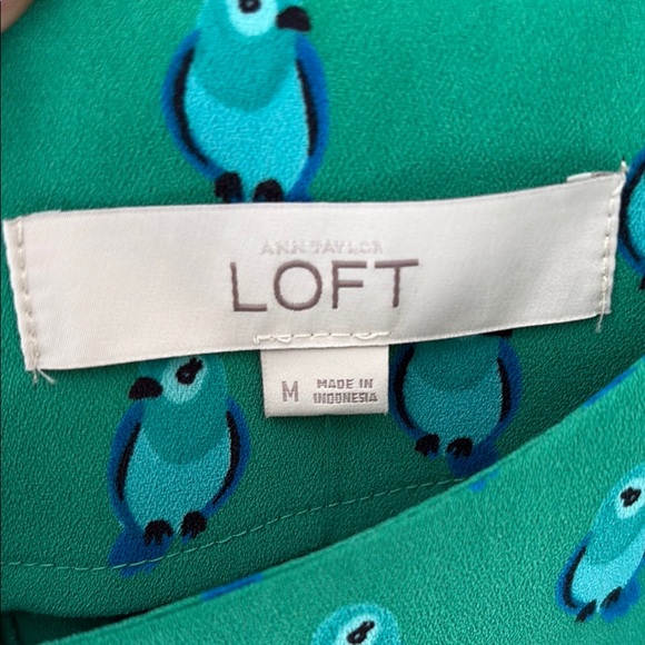 LOFT Green and Blue Bird Print Dress with 3/4 Sleeves - Picture 5 of 9